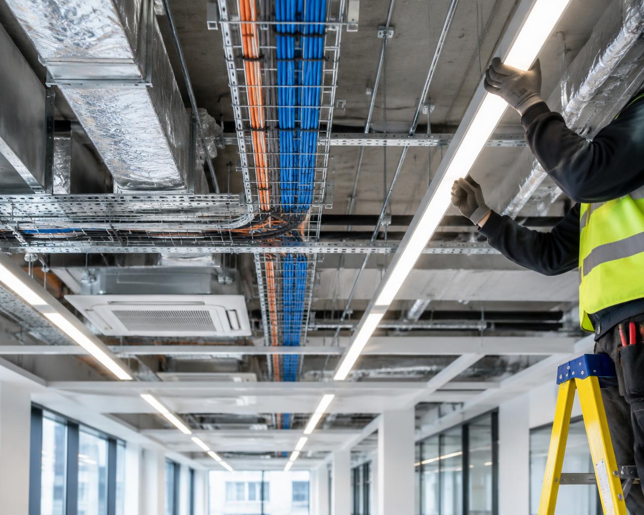 Commercial electrical installation in an office ceiling