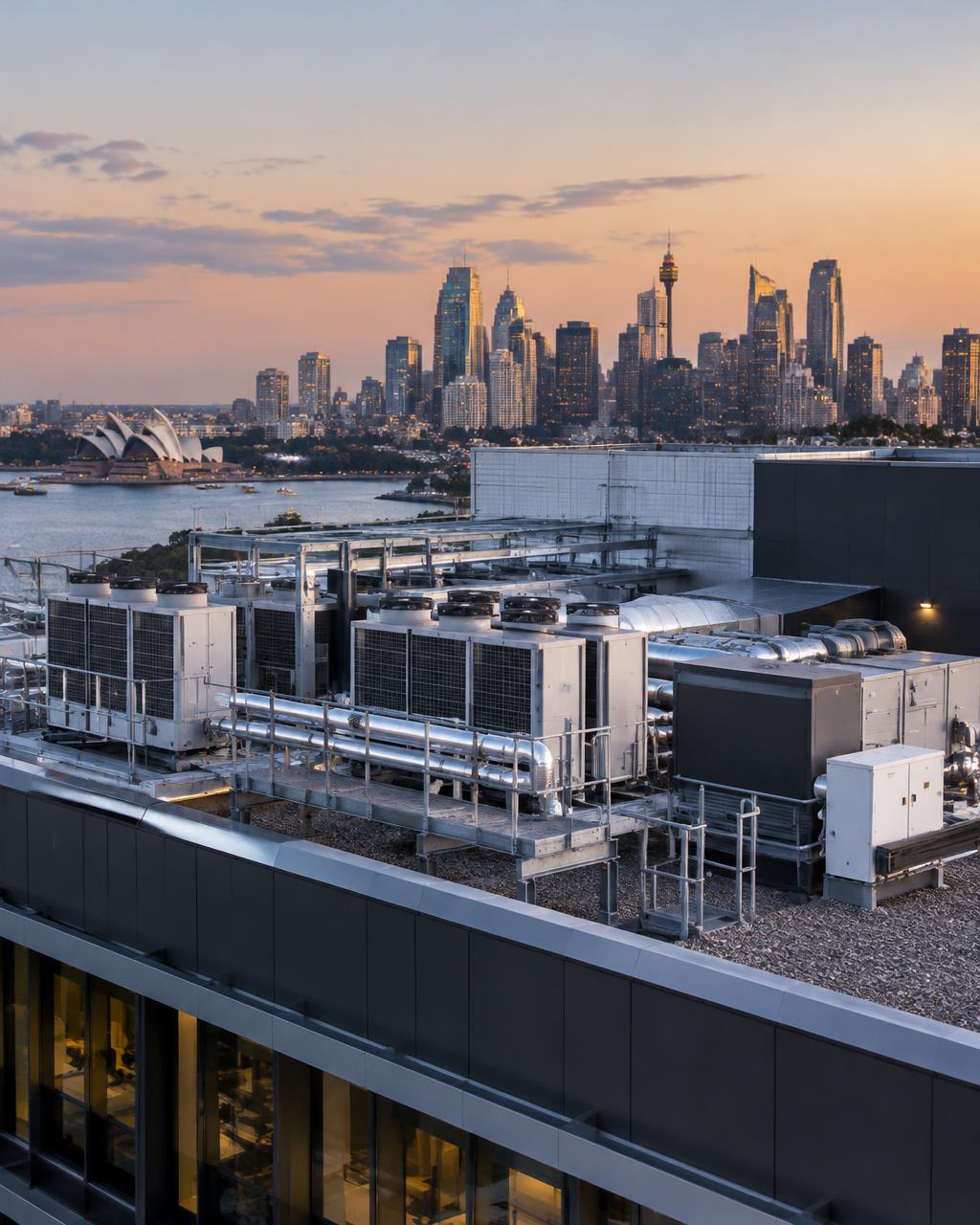 Commercial rooftop plant with the Sydney skyline