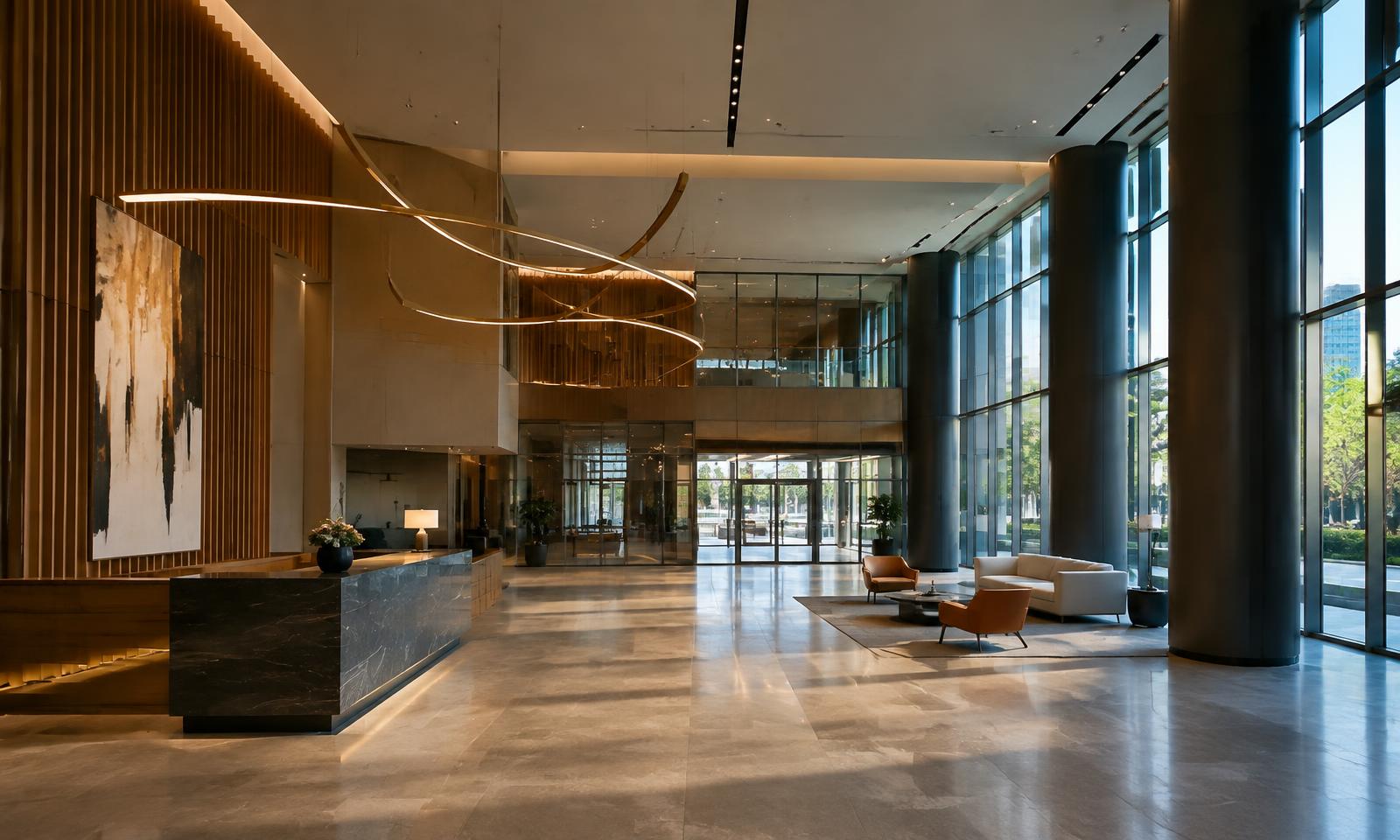 Commercial building lobby with feature lighting