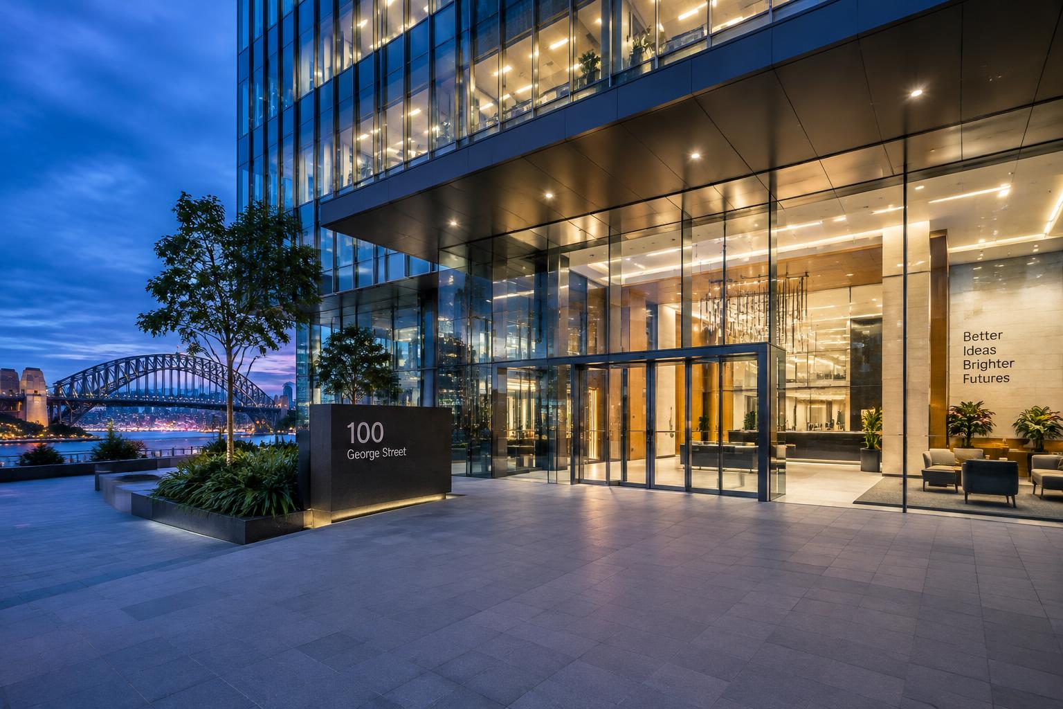 Commercial office building entrance at dusk