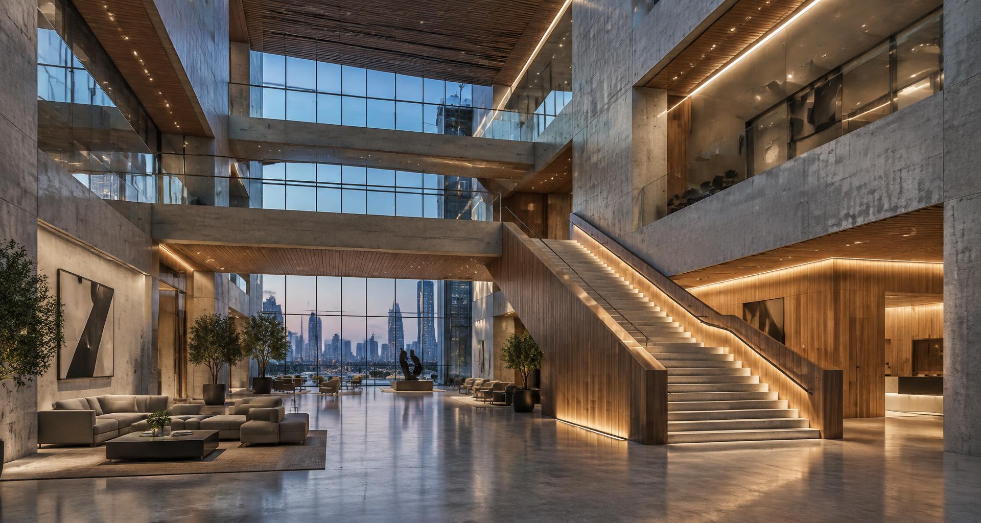 Contemporary commercial atrium interior at dusk